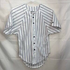 BIKE youth kid's white black pinstripe short sleeve button‎ down baseball Jersey